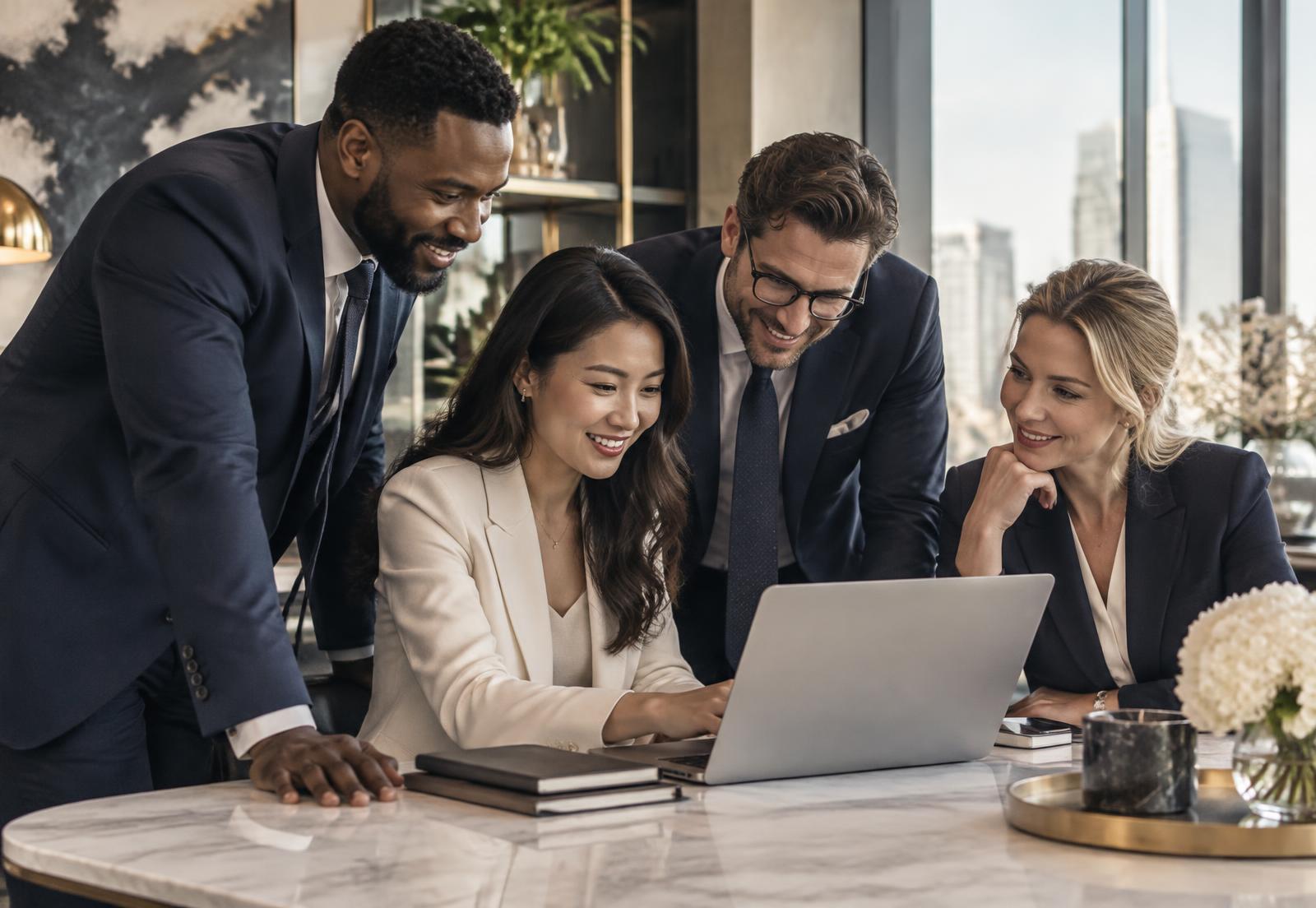 International professionals collaborating around a laptop